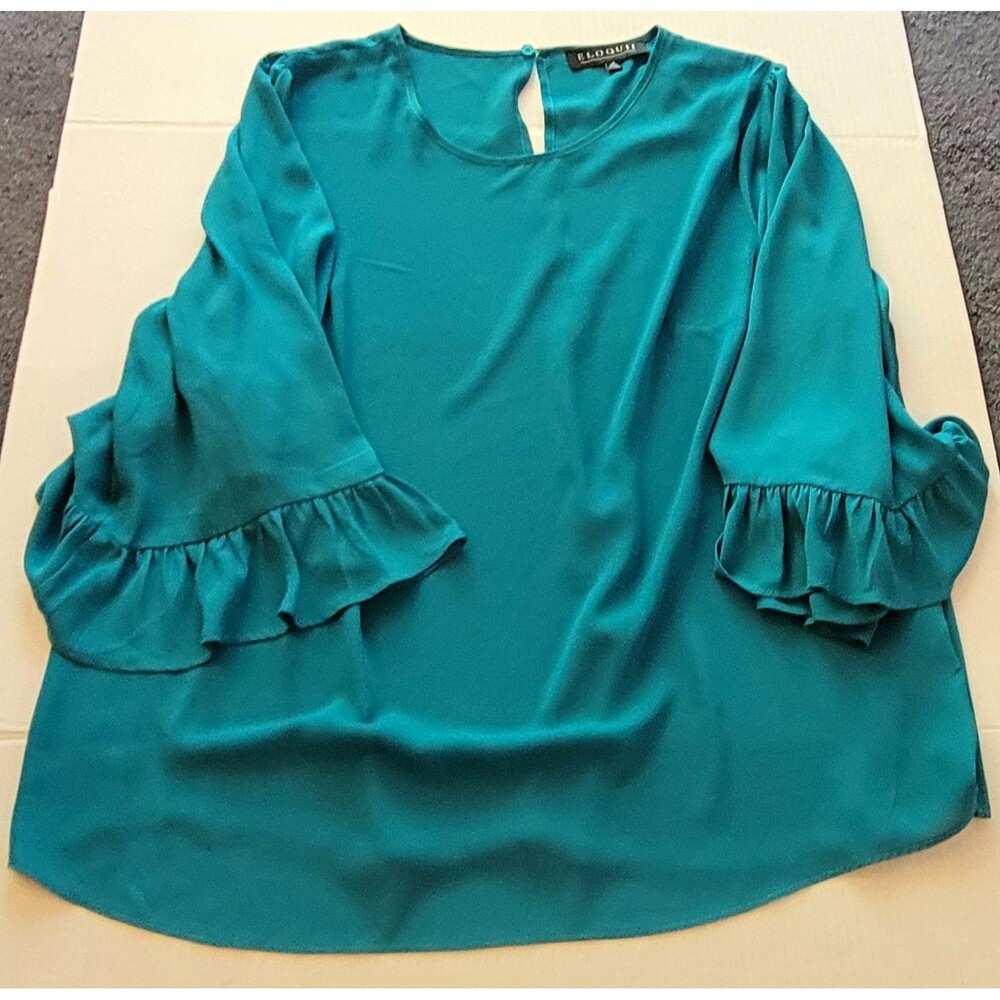 Eloquii Women's Teal Solid Blouse, Round Neck, Ruffle Bell 3/4 Sleeve, Size 16